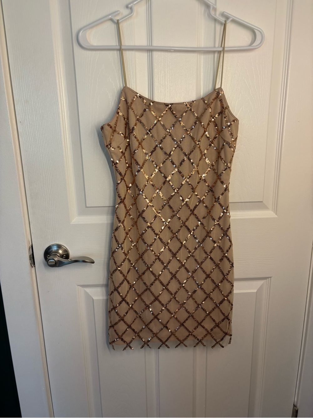 Showpo Sequin Mesh Mini Dress Nude Gold Diamond Party Dress US 4